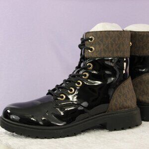 Michael Kors Combat Boots Patent Leather Logo Ankle Boots Lug Sole